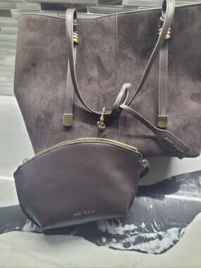 Anne Klein Chocolate Brown Faux Suede Tote with Matching Crossbody Pouch